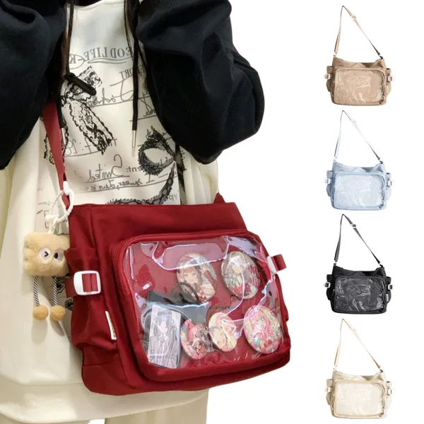 Women Bag Shoulder Purse with Clear Window Teenagers School Bag Multi-pockets Adjustable Strap