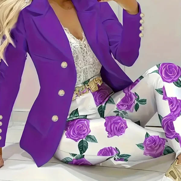 Ladies' Elegant Butterfly Print Two-Piece Set, Long-Sleeved Lapel Suit Jacket and Slim-Fit Pants, Suitable for Office and Work